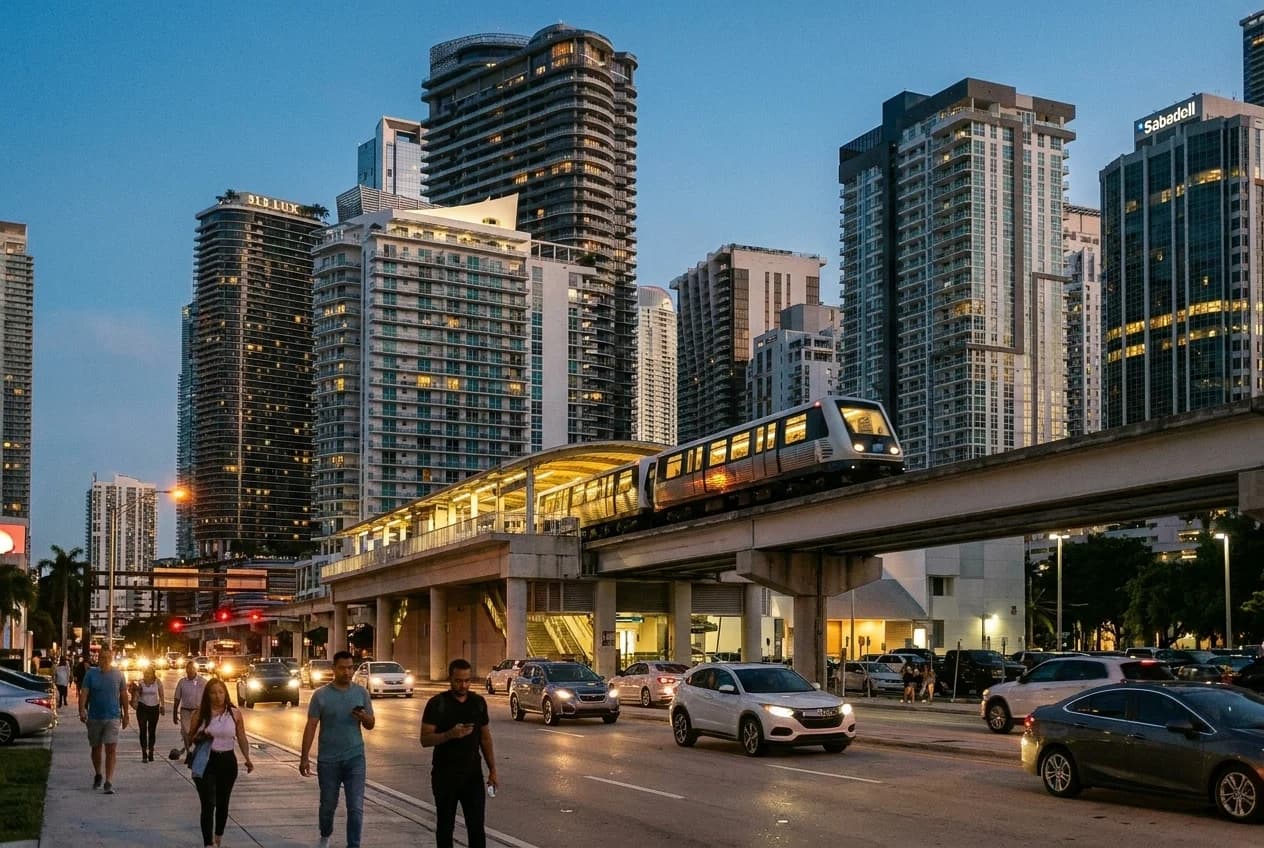 Metromover train at Tenth Street station in Brickell with downtown towers in the background at dusk