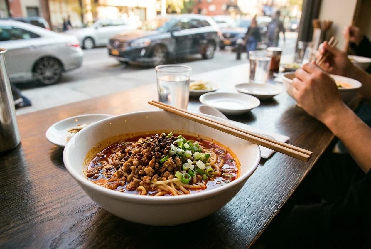 Bowl of dan dan noodles with pork, scallions, and chili oil on a dark wooden table with chopsticks
