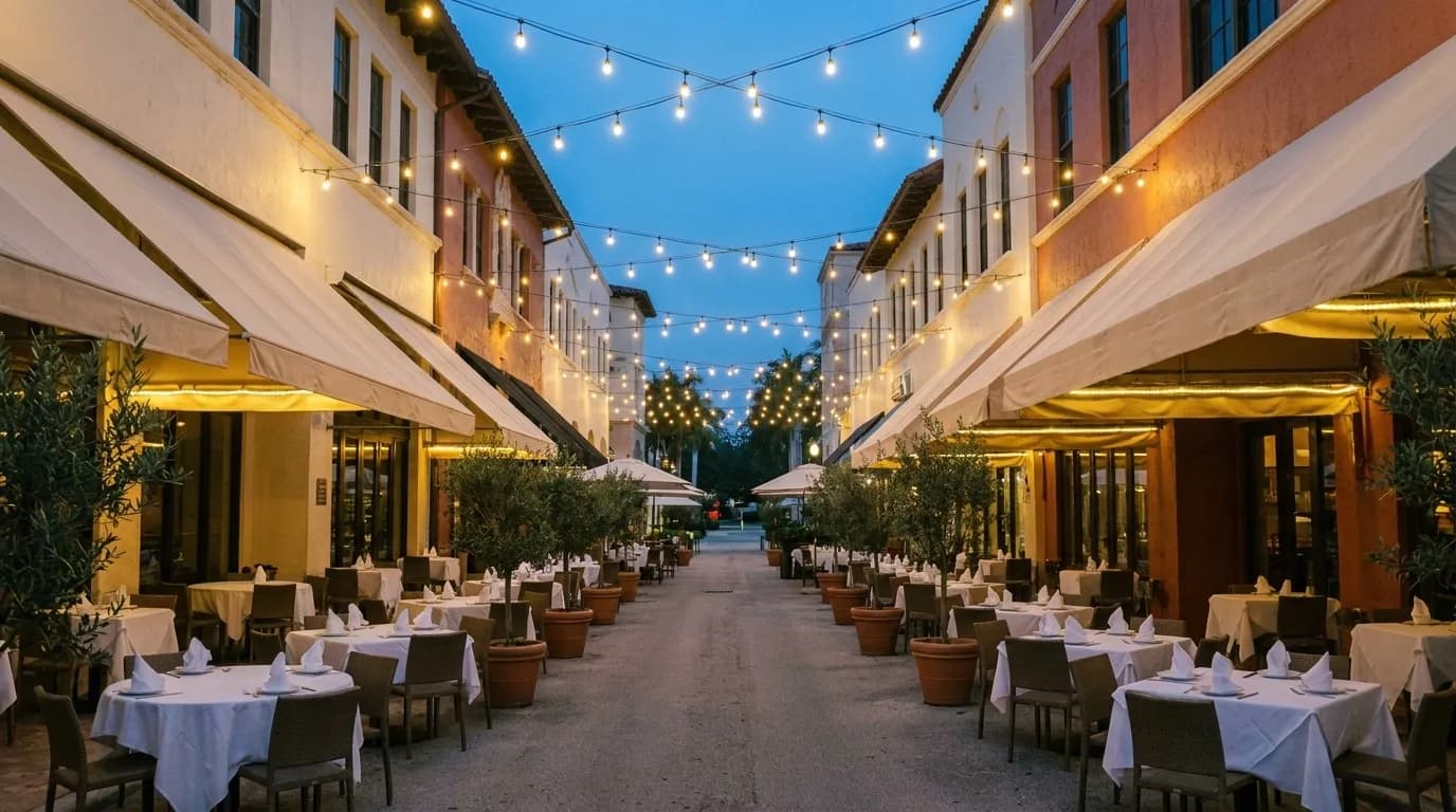 A pedestrian dining street at dusk with awnings, string lights and tables set outside
