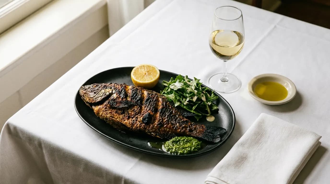 A plate of grilled fish with lemon and greens on a white tablecloth beside a wine glass