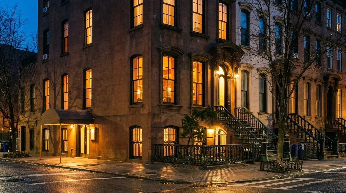 A warmly lit corner restaurant on a Harlem block at night, tall windows glowing, a canopy over the door and brownstone stoops running away down the side street