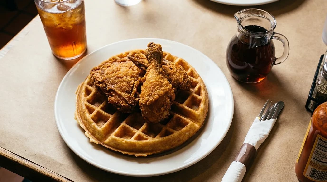 A plate of fried chicken and a waffle with a small jug of syrup on a paper-covered table, cutlery wrapped in a napkin and a glass of iced tea beside it