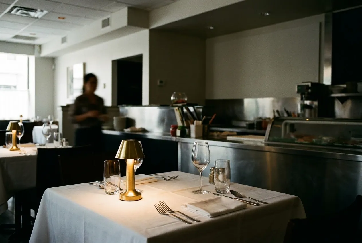 A formally set restaurant table with white linen and low lamps in a dark dining room
