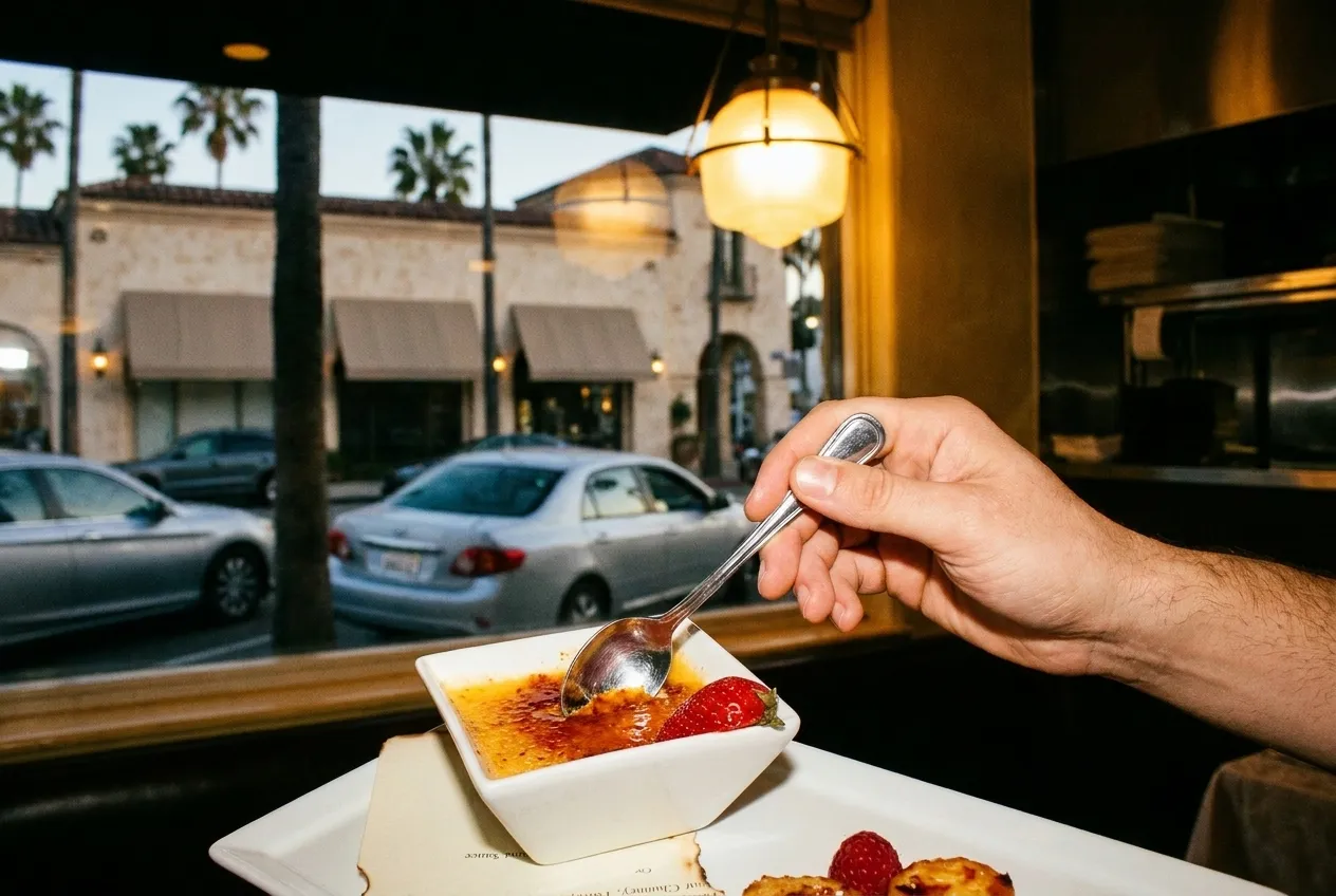 A dessert plate being finished with a spoon under a warm kitchen light