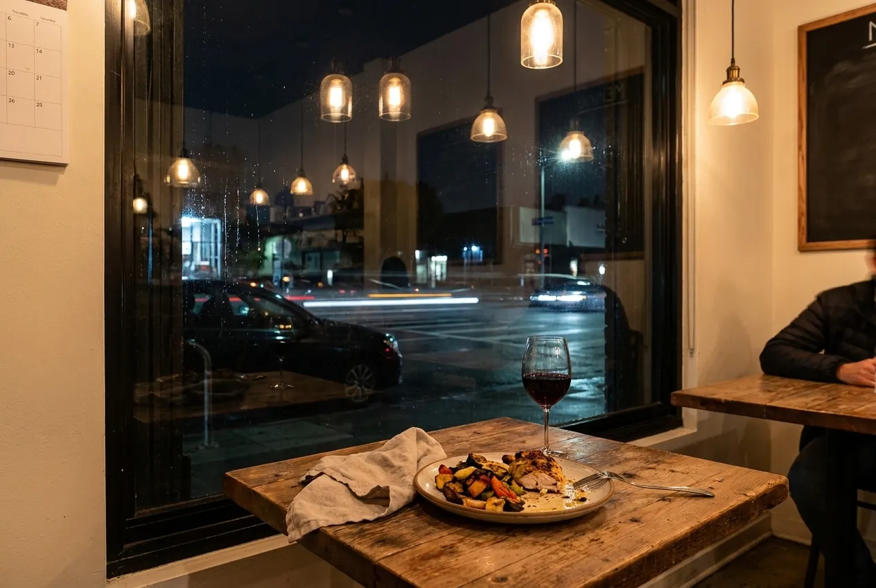A table by a window with the reflection of lamps in dark glass