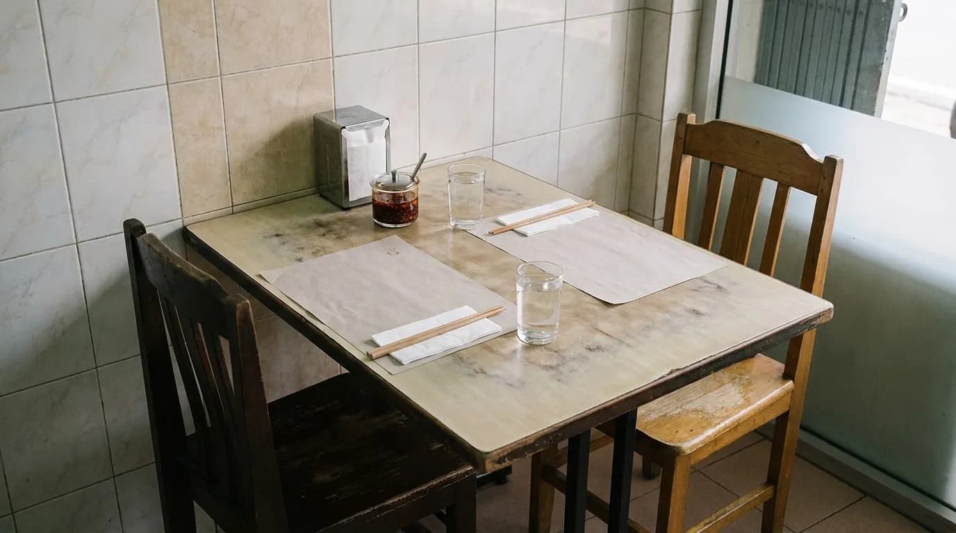 A modest restaurant table set for two with a paper placemat, water glasses and chopsticks