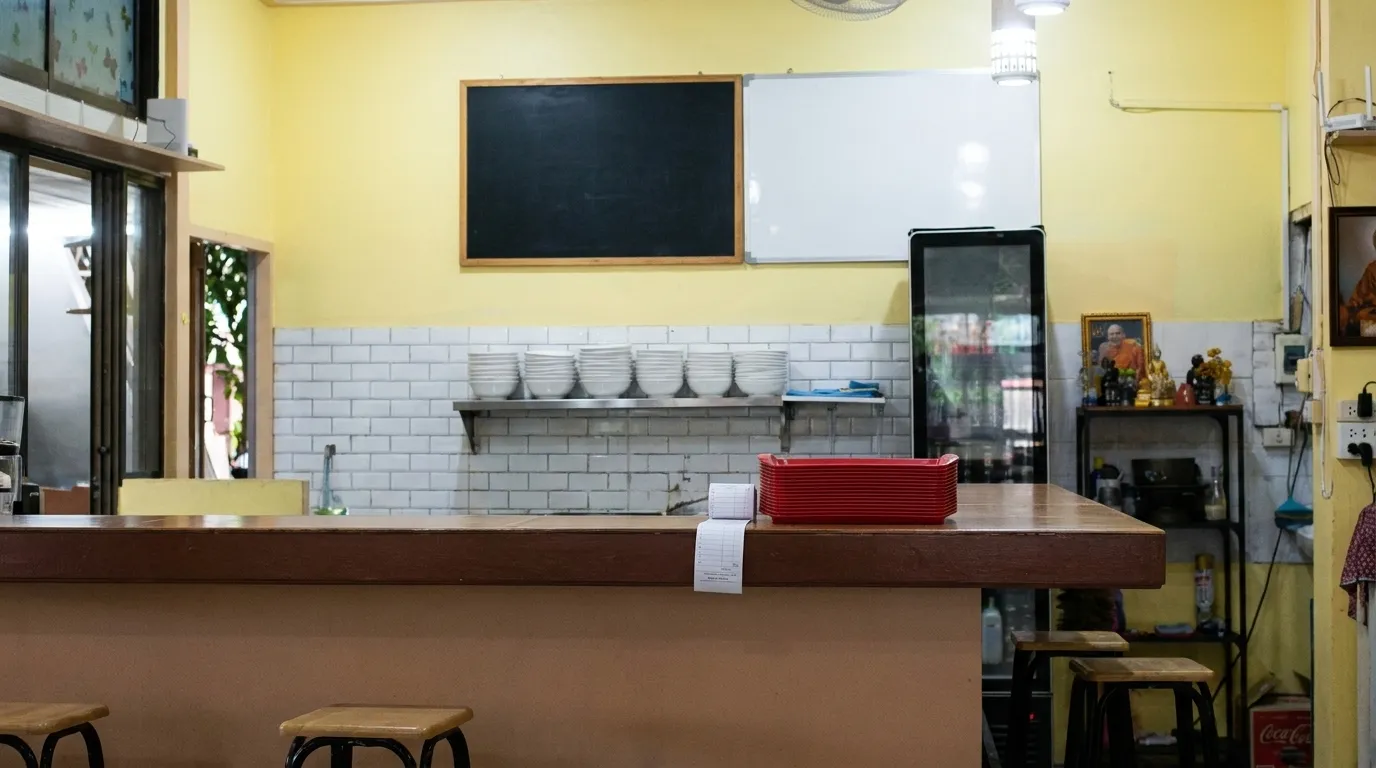 A handwritten price board on a tiled wall above a service counter with a stack of trays