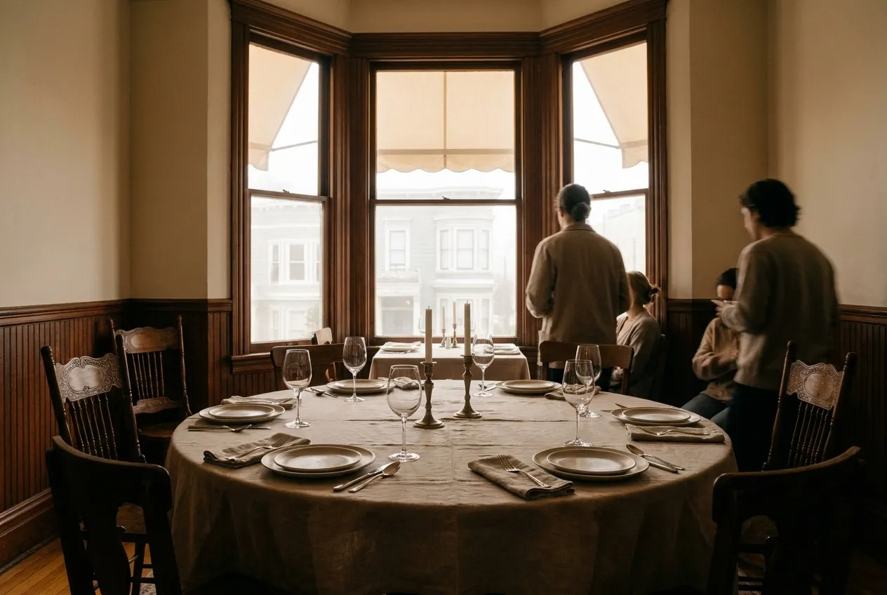 A large round table set for eight in a warm-lit dining room