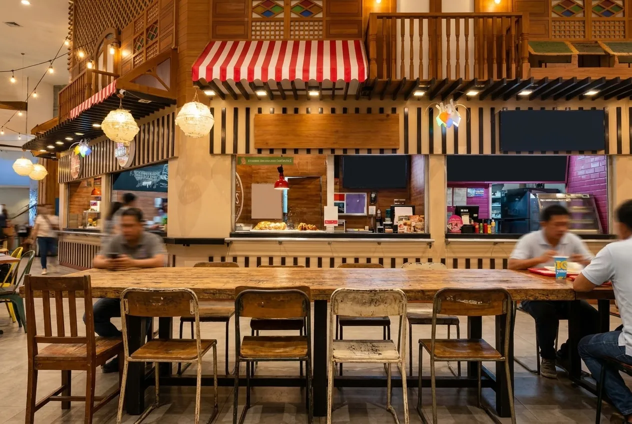 A long communal table with mismatched chairs and a bare wooden top