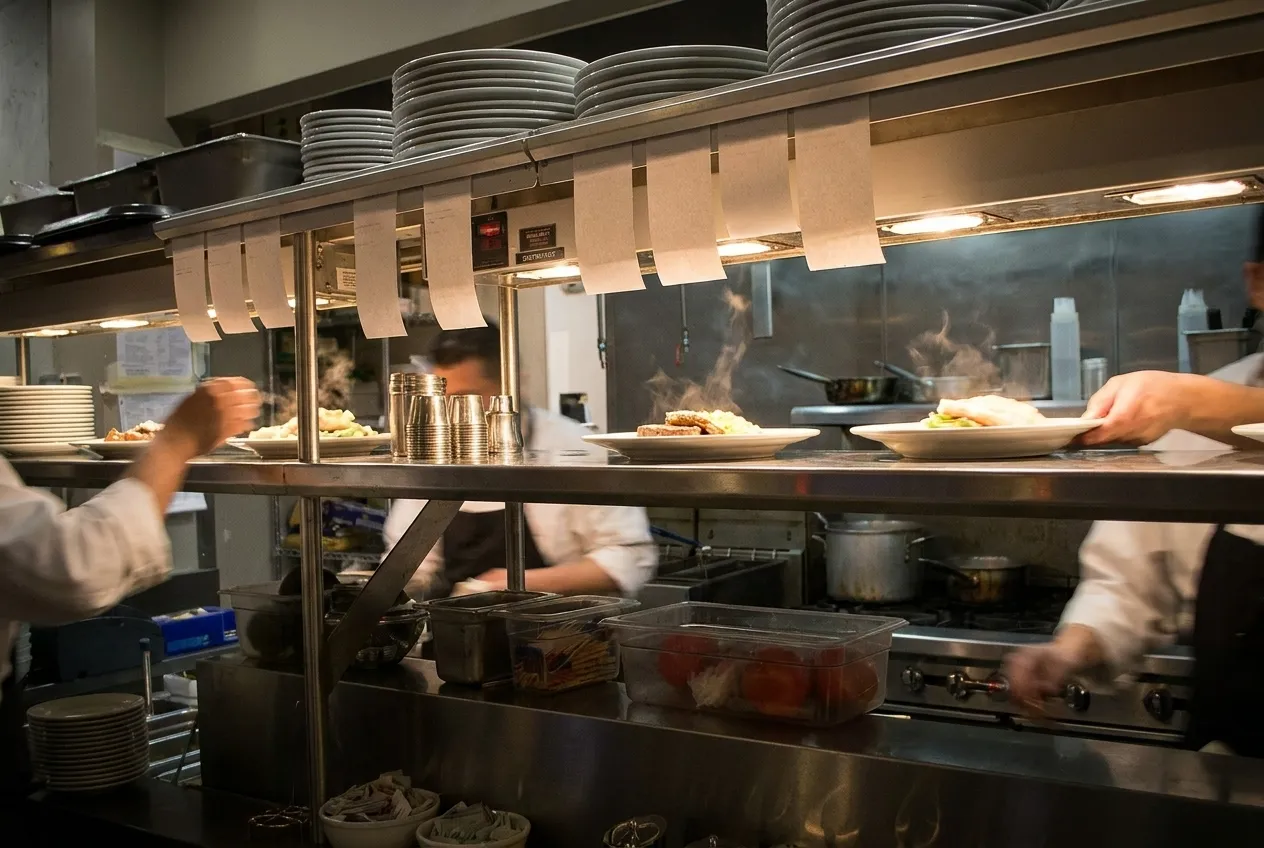 A pass in a busy restaurant kitchen late at night with tickets clipped above it