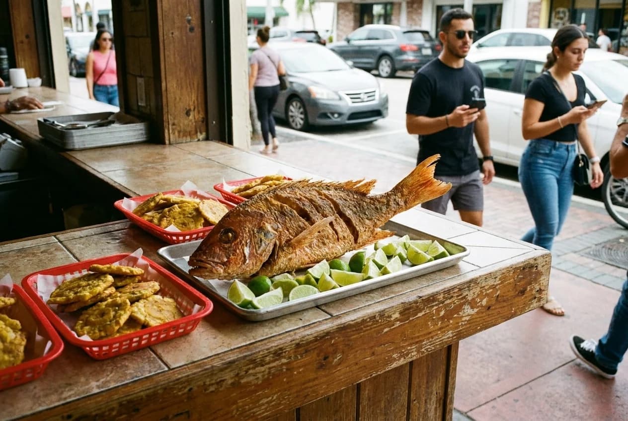 Whole fried snapper with lime wedges and tostones at Little Havana seafood counter