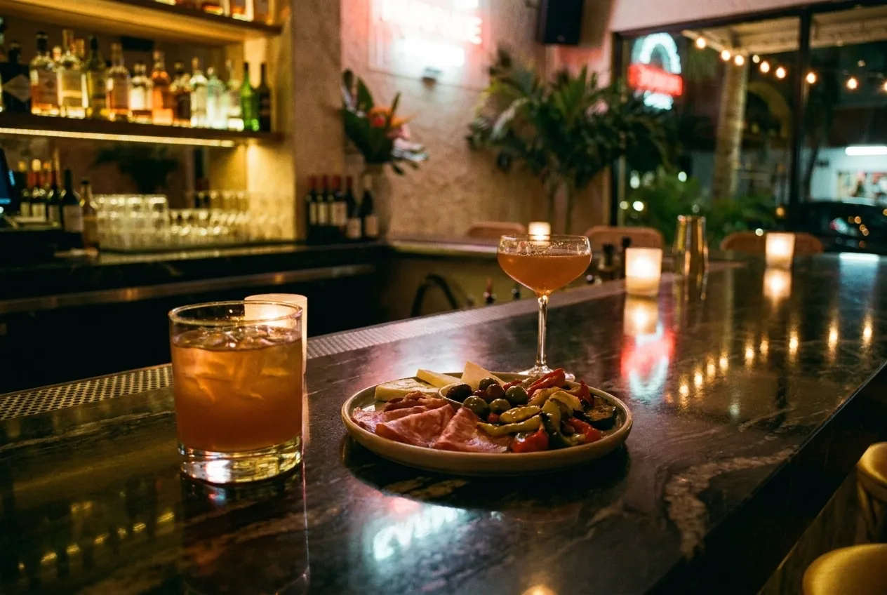 Two cocktail glasses and a shared plate of Italian antipasti on a dark stone bar top beside a glowing back-bar shelf in a dimly lit restaurant.