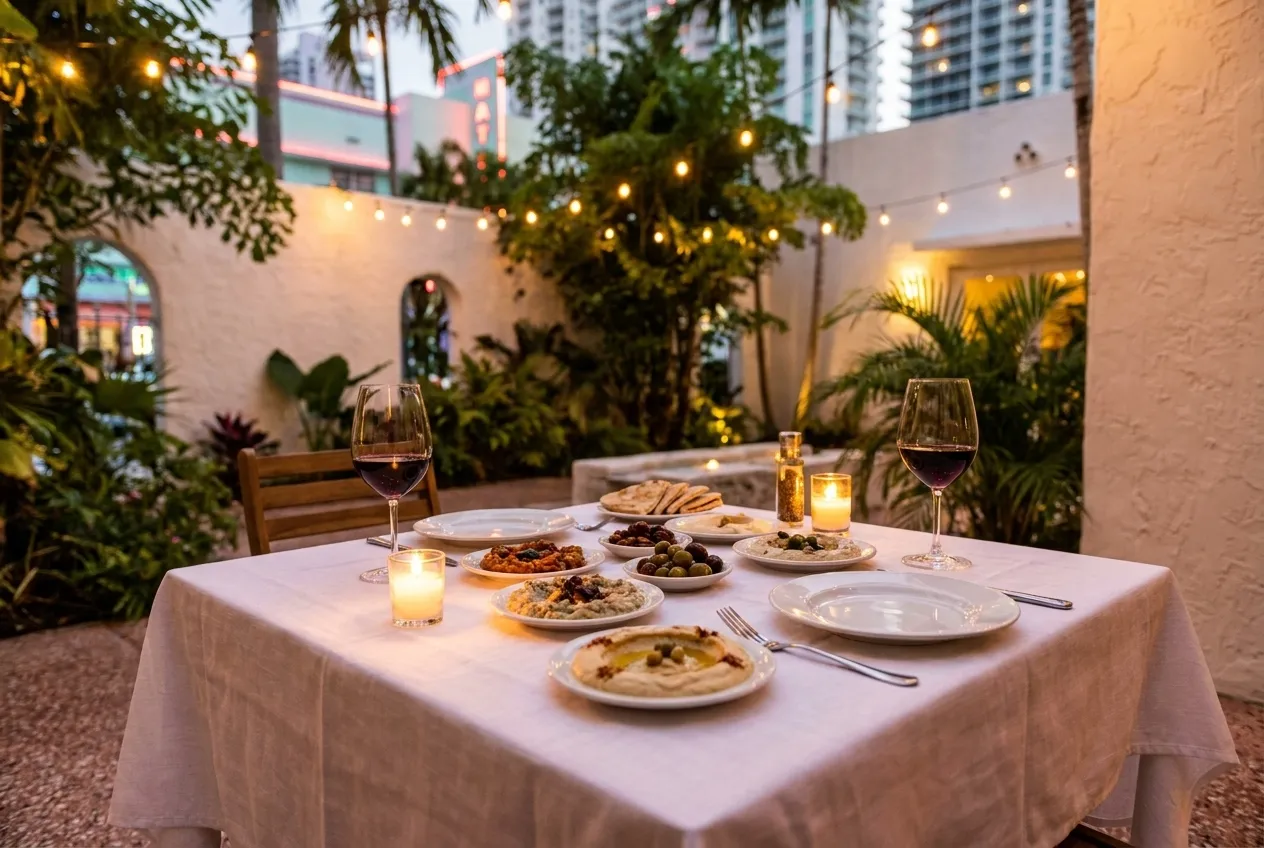 A candlelit outdoor table set with white linen, wine glasses and Mediterranean mezze plates under string lights in a tropical Miami courtyard at dusk.