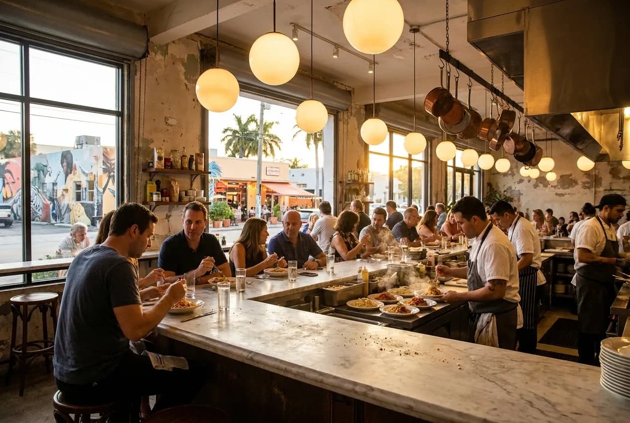 Long marble counter inside an Italian market hall with open kitchen stations, globe lights, and diners seated on stools facing chefs at work.