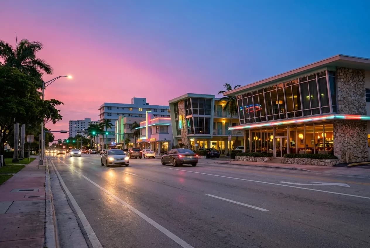 Biscayne Boulevard evening view showing mid-century storefronts, neon restaurant signs and reflections on the wide roadway under a deep blue sky