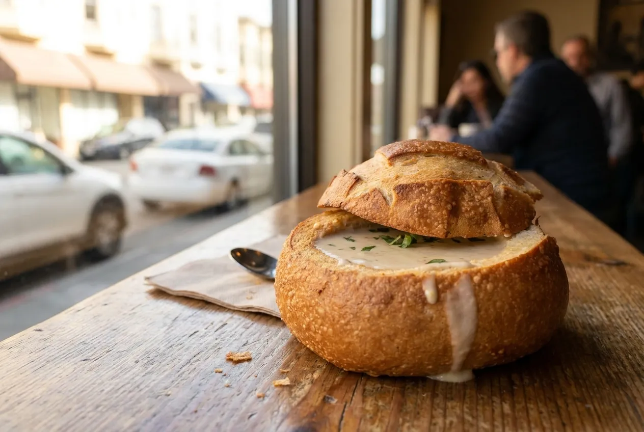 A bowl of soup and bread on a wooden table by a window