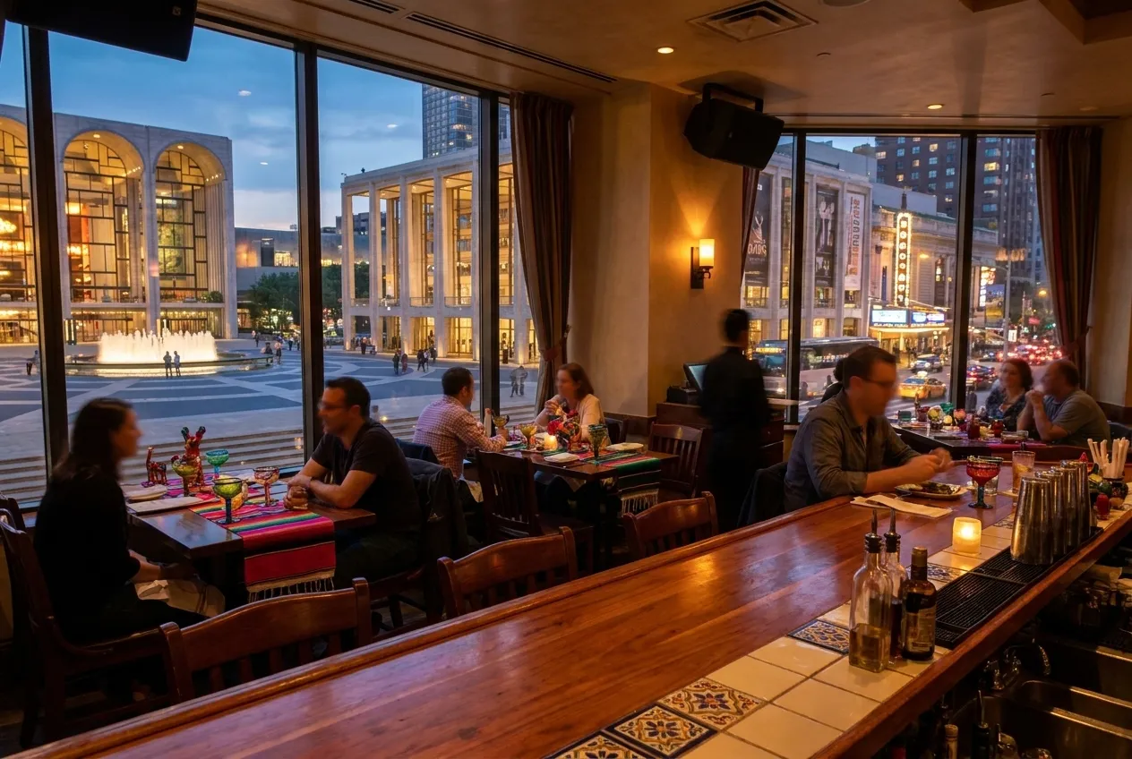 Polished wood dining room with banquette seating and warm pendant lighting in a Lincoln Center restaurant before evening curtain
