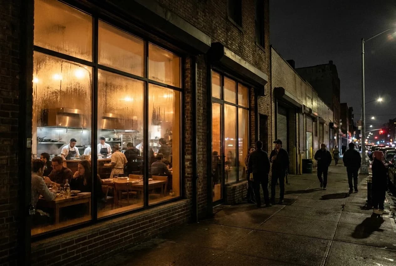 A Greenpoint corner restaurant glows through tall windows onto an empty industrial street at dusk, warm amber light pooling on wet pavement.
