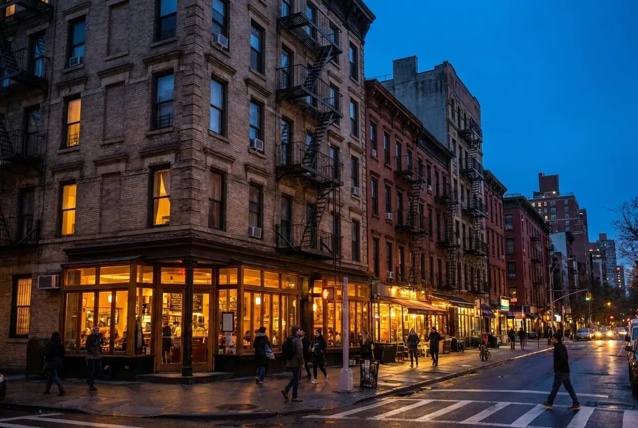 Evening pedestrians pass lit restaurant windows along a narrow East Village block lined with fire escapes and parked bicycles under streetlamp glow.