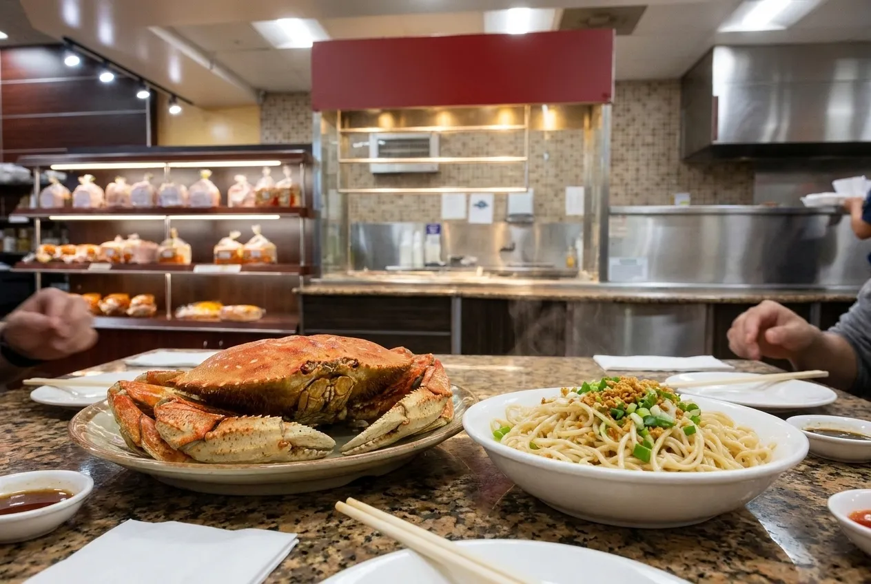 A whole roasted crab on a platter beside a bowl of garlic noodles