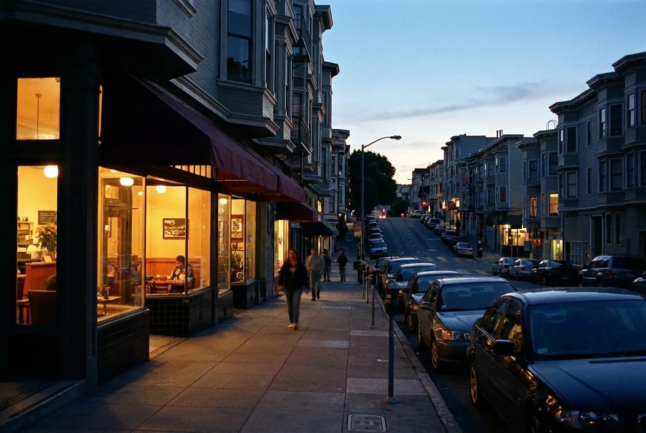 A steep San Francisco street at dusk with restaurant windows lit and cars parked on the slope