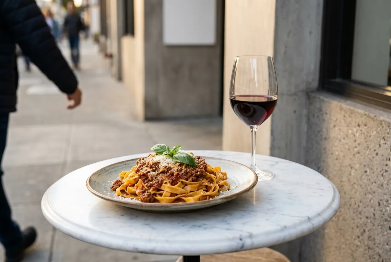 A pasta dish and a glass of red wine on a small marble table