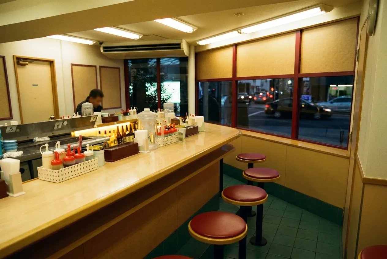A restaurant bar with stools and bottles backlit in warm light on a Los Angeles evening