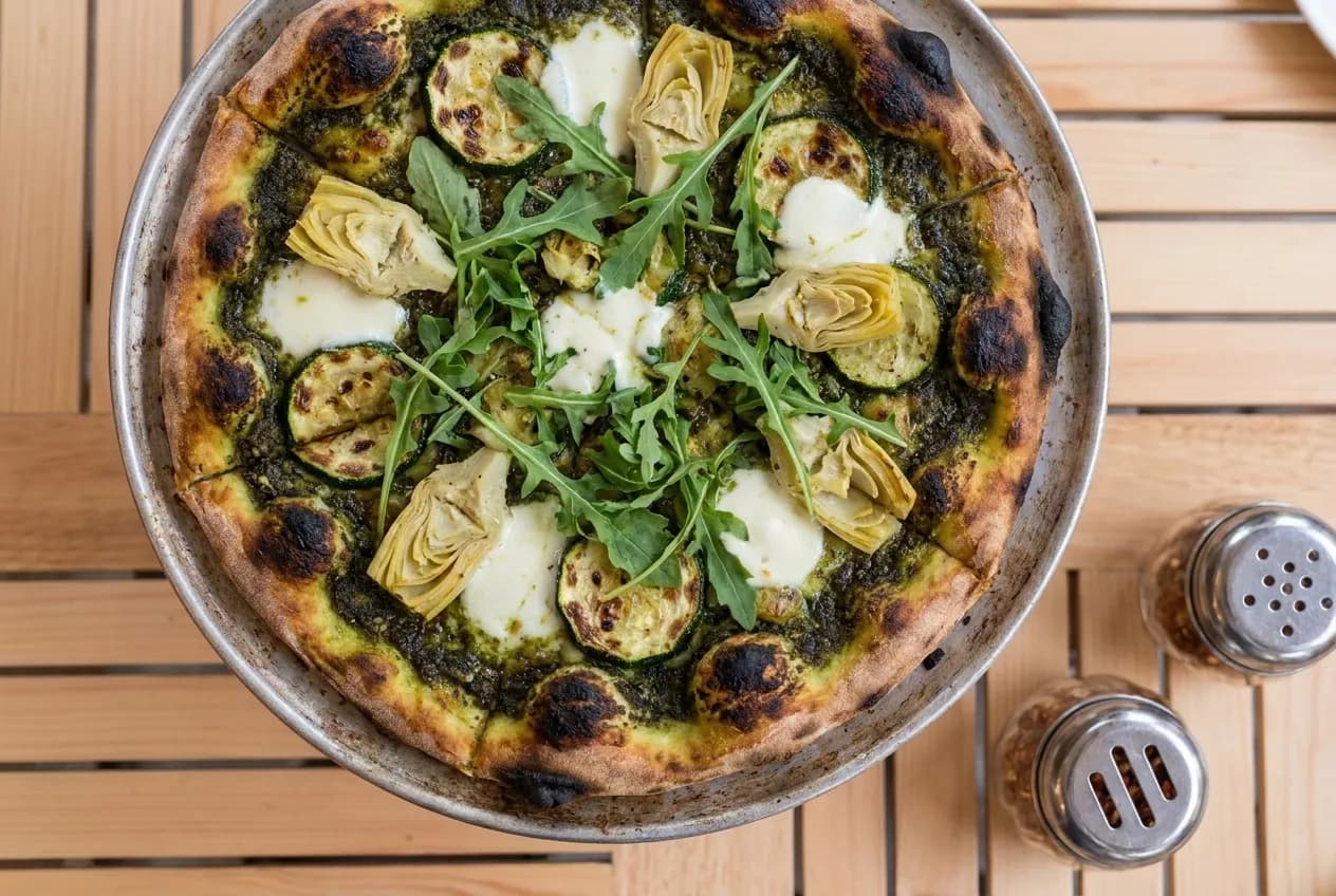 A thin-crust pizza with a dark green sauce base and charred edges on a metal tray