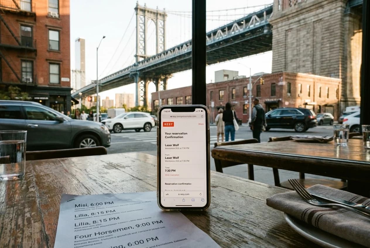 Resy reservation confirmation on phone screen with handwritten restaurant notes