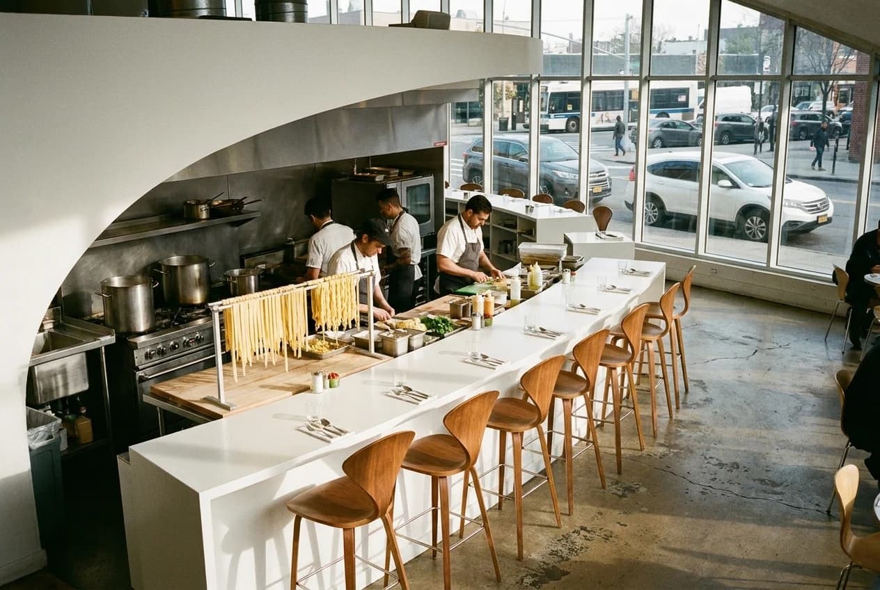 Pasta counter at Lilia in Williamsburg with open kitchen view