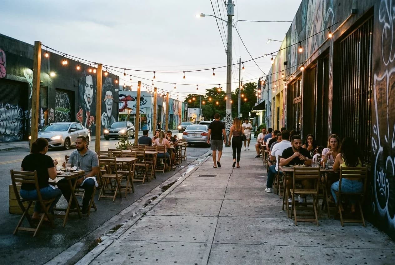 Wynwood street at dusk with outdoor restaurant tables and string lights glowing along the sidewalk