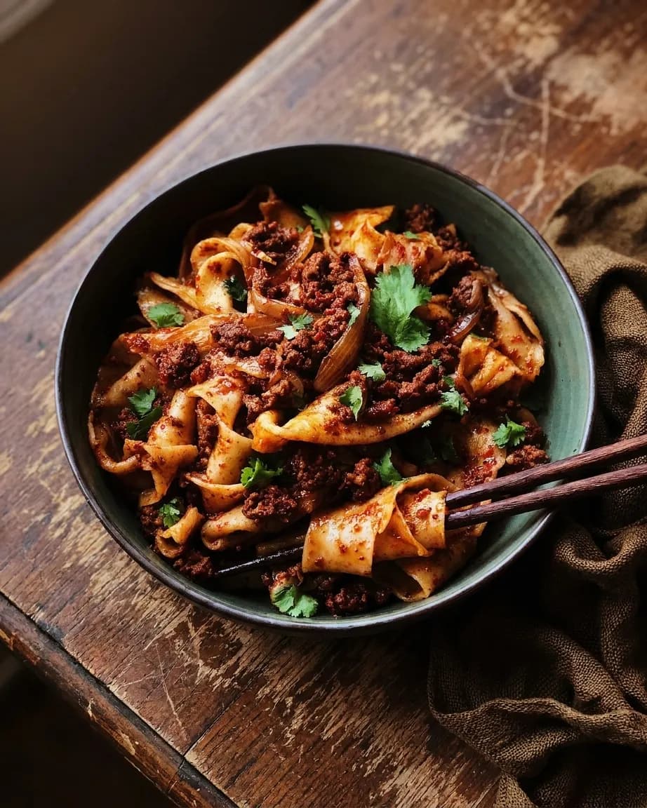 Overhead bowl of hand-ripped biang-biang noodles with spicy cumin lamb, chili oil and cilantro on a worn wood counter