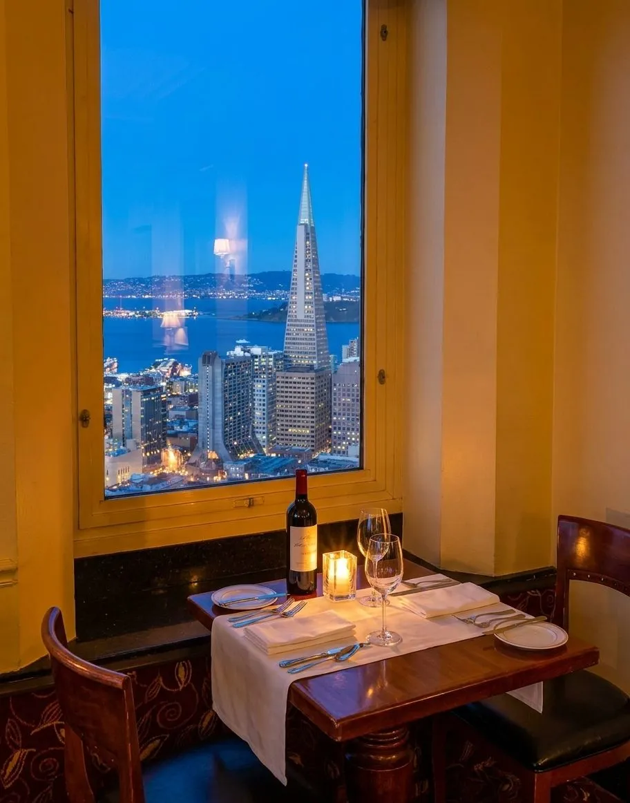 Elegant San Francisco skyline dinner room with window views over the city
