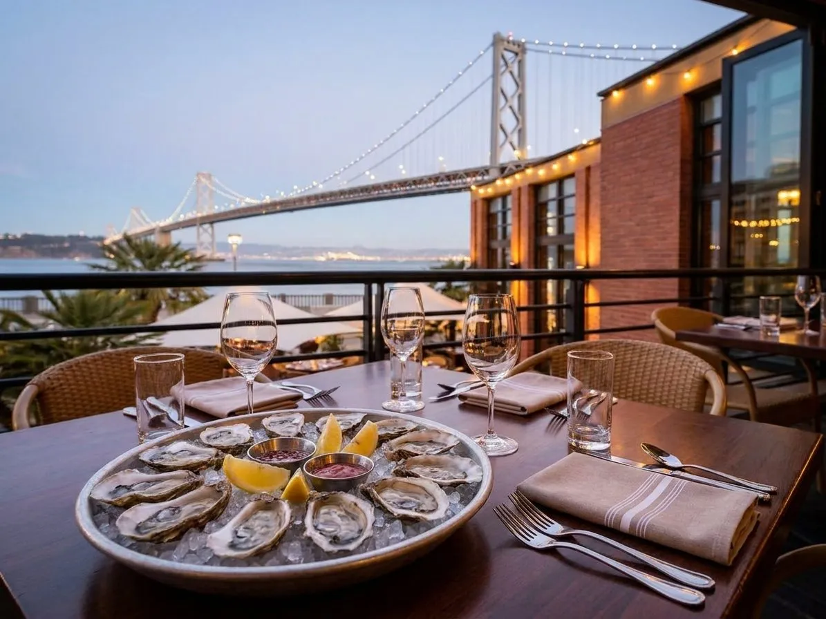 Oysters and waterfront view at a San Francisco bayfront restaurant