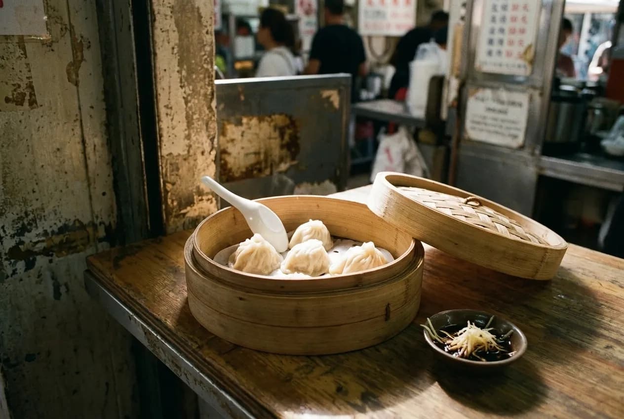 A bamboo steamer of soup dumplings open on a worn counter, pleats catching the light, a small dish of ginger and black vinegar beside it