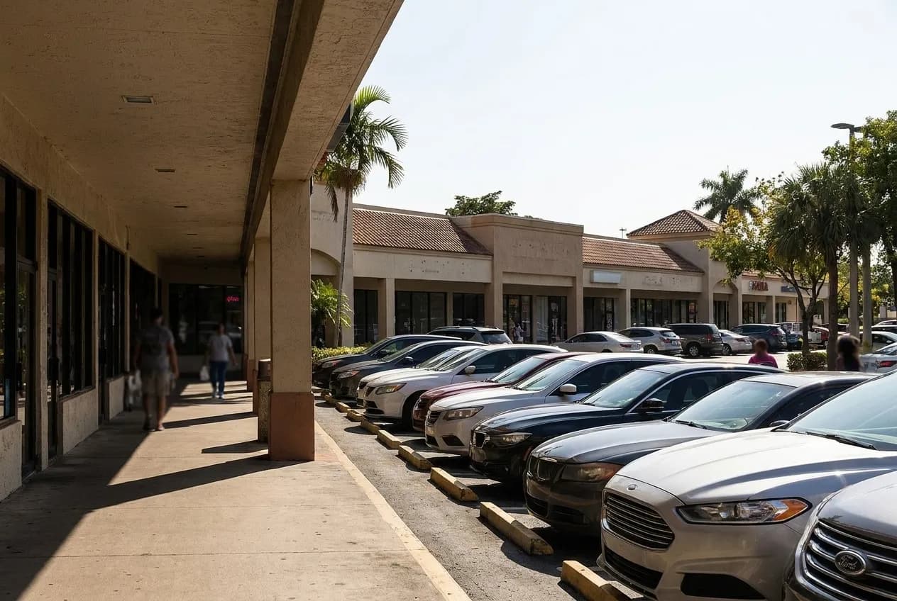 A low Miami strip-mall storefront row in flat afternoon sun, parked cars angled to the kerb and a covered walkway running the length of the units