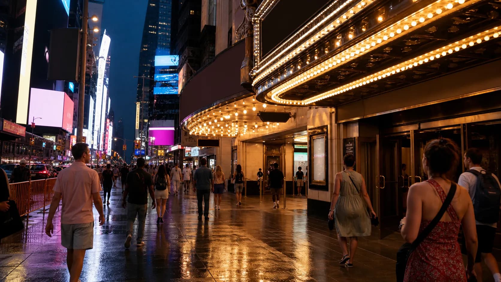 A busy New York City movie district at night with pedestrians walking past illuminated theater entrances.