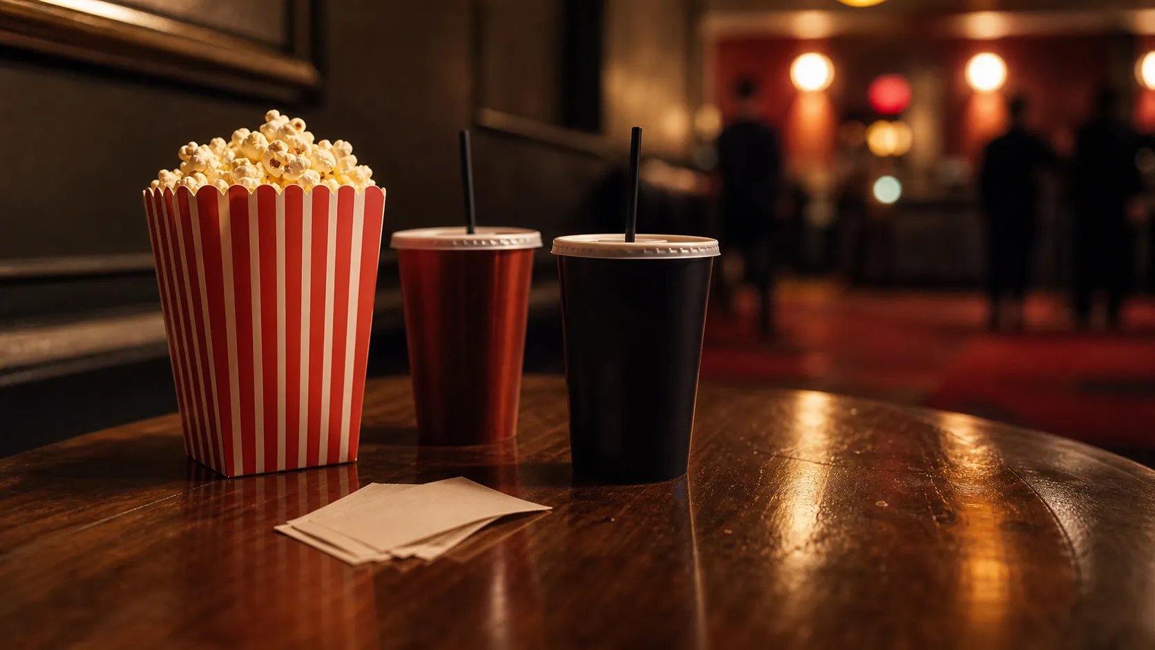 Popcorn and drinks on a cinema table before a movie screening.