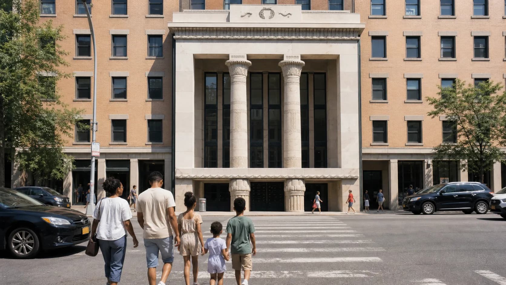A family walks toward a large movie theater on a sunny Manhattan afternoon.