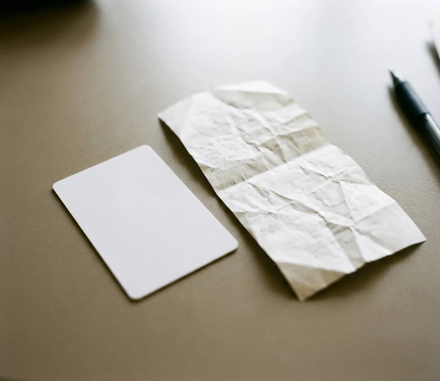 A close view of a printed loyalty card and a folded receipt on a plain counter under bright even light