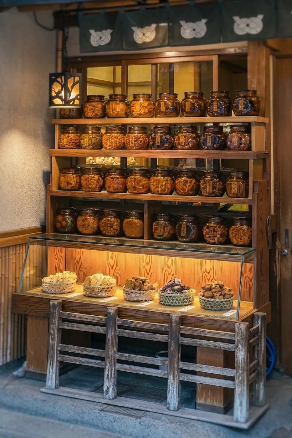 A row of identical unlabelled amber containers on a shelf behind a glass counter, softly out of focus