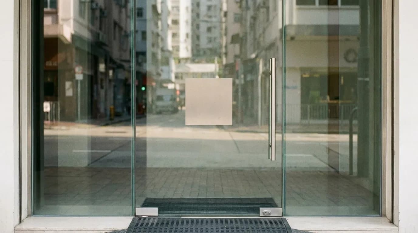 A close view of a plain shop door with a small square verification decal at eye height on the glass, the street reflected faintly in the pane