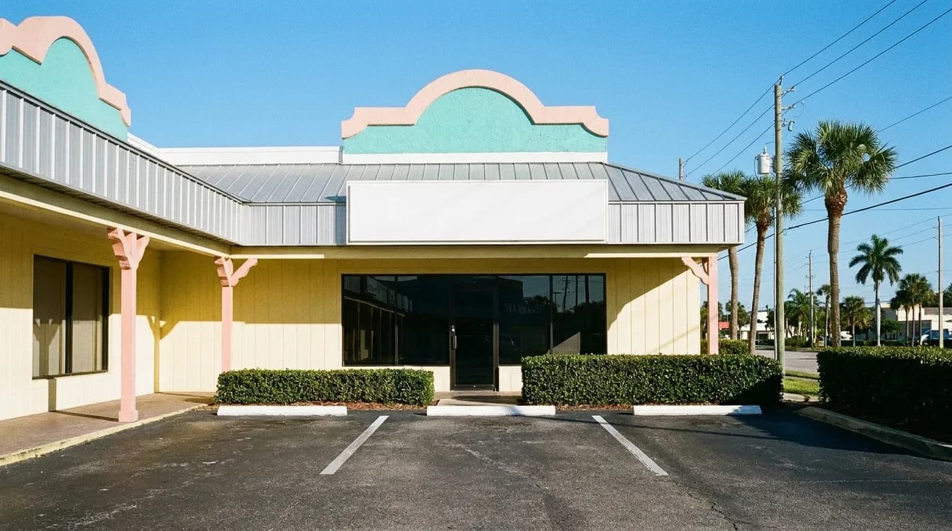 A low modern retail storefront on a wide suburban boulevard in flat afternoon light, blank signage panel above the door and an empty parking bay in front