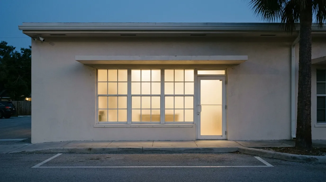 A pale storefront at dusk with frosted glass, a small awning and an empty parking bay
