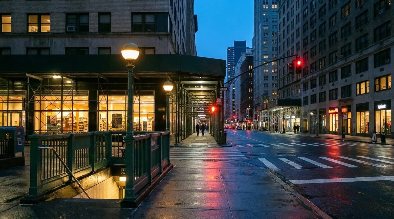 A midtown Manhattan avenue at blue hour looking down the block past a subway entrance railing, ground-floor shopfronts lit along the pavement and traffic signals glowing at the crossing