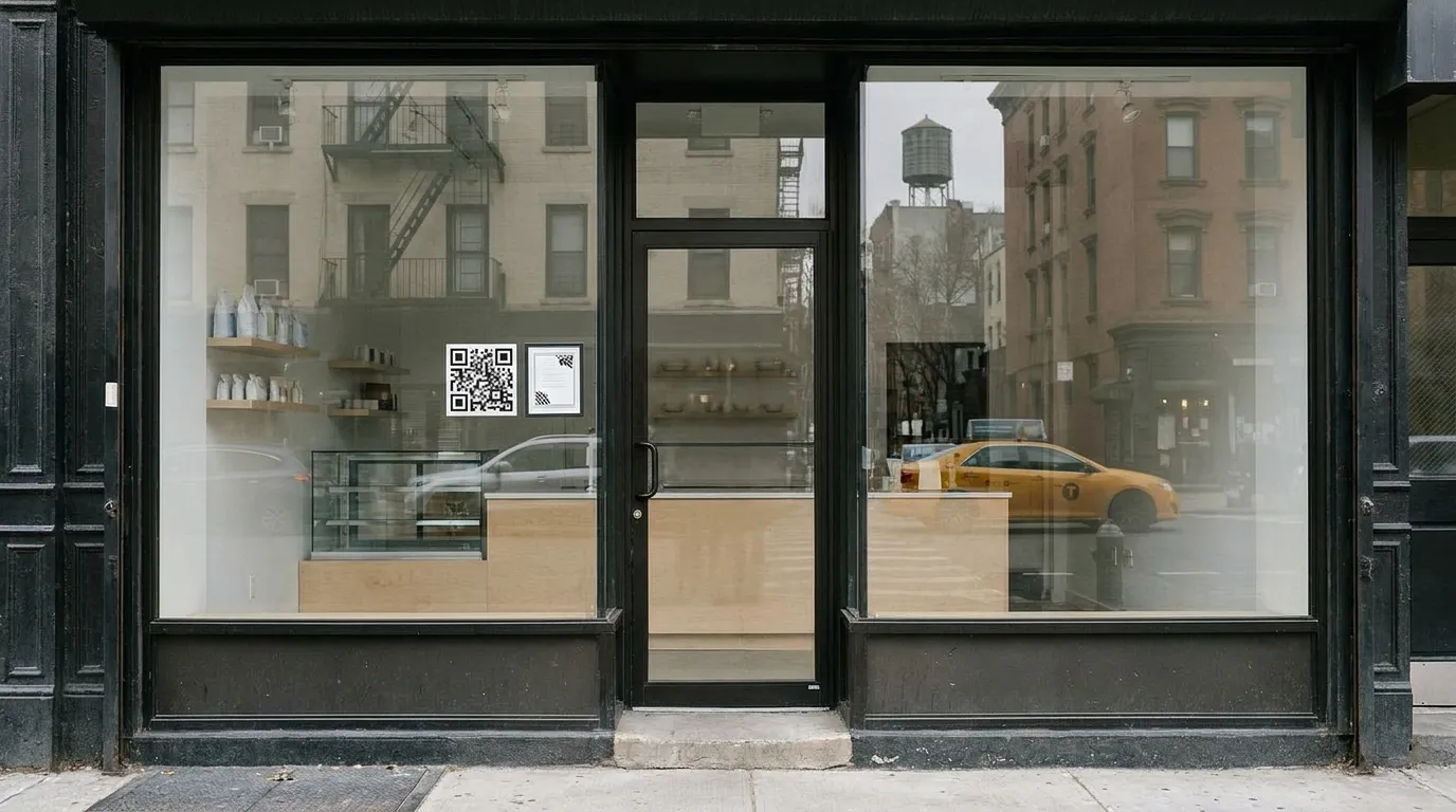 A clean retail counter with a small framed licence notice and a QR-code decal on the glass beside the entrance, shot in daylight