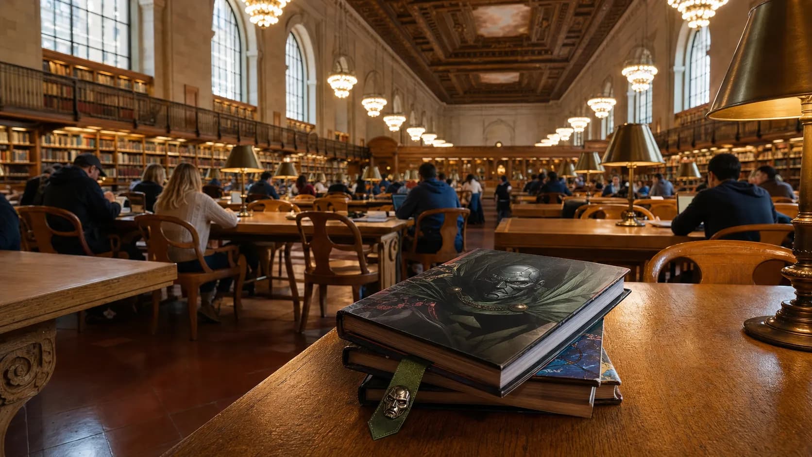 Graphic novels on a table inside a grand New York public library reading room.