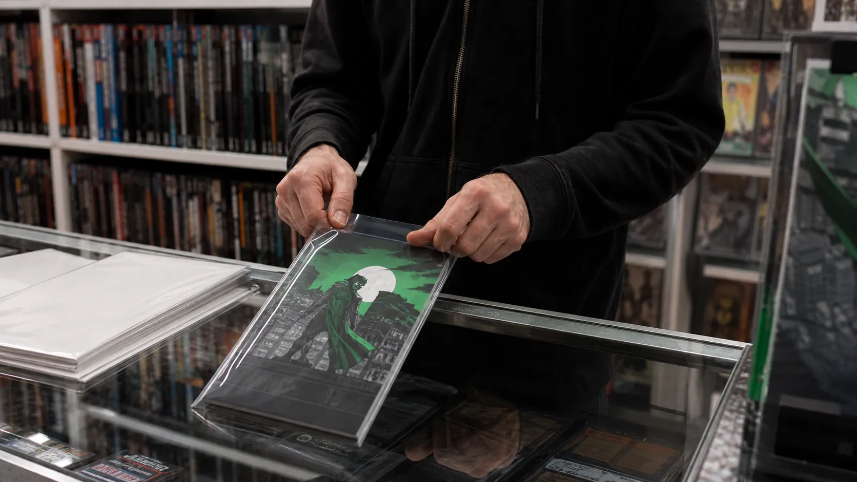 A comic shop counter with a graphic novel being bagged for a reader.