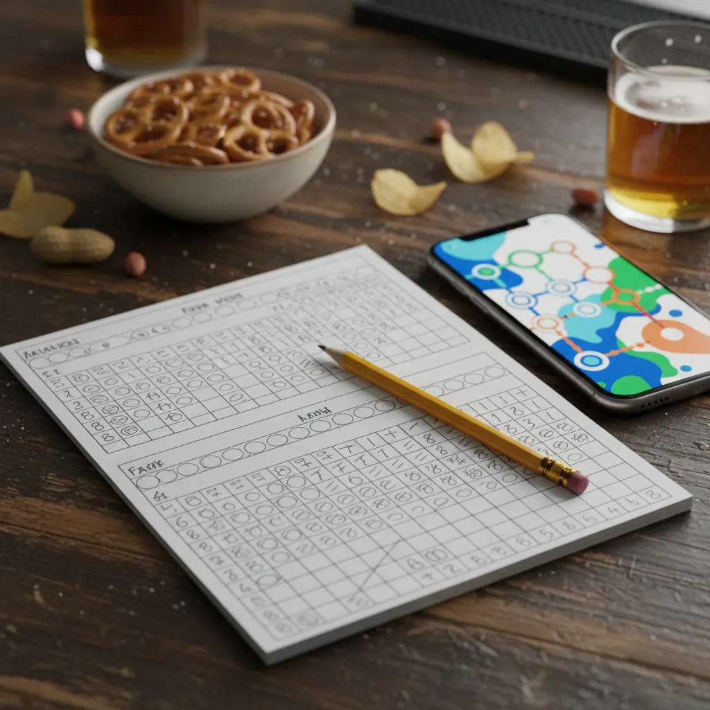Baseball scorecard and transit plan on a bar table