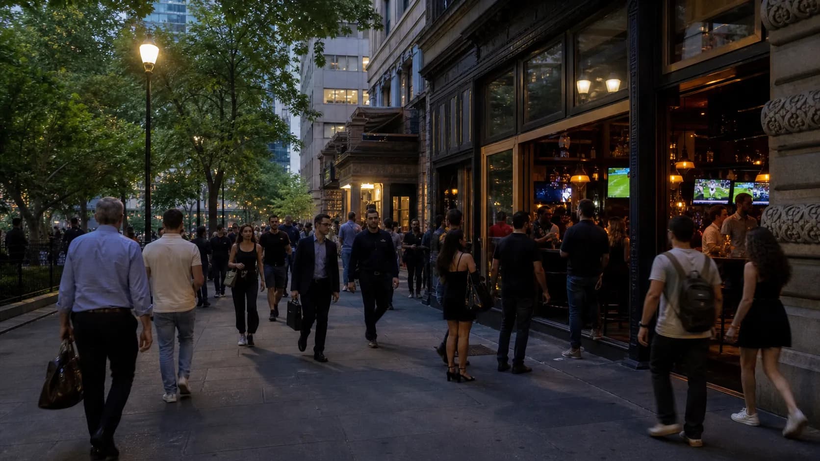 Evening street scene near Bryant Park with people heading toward a sports bar.